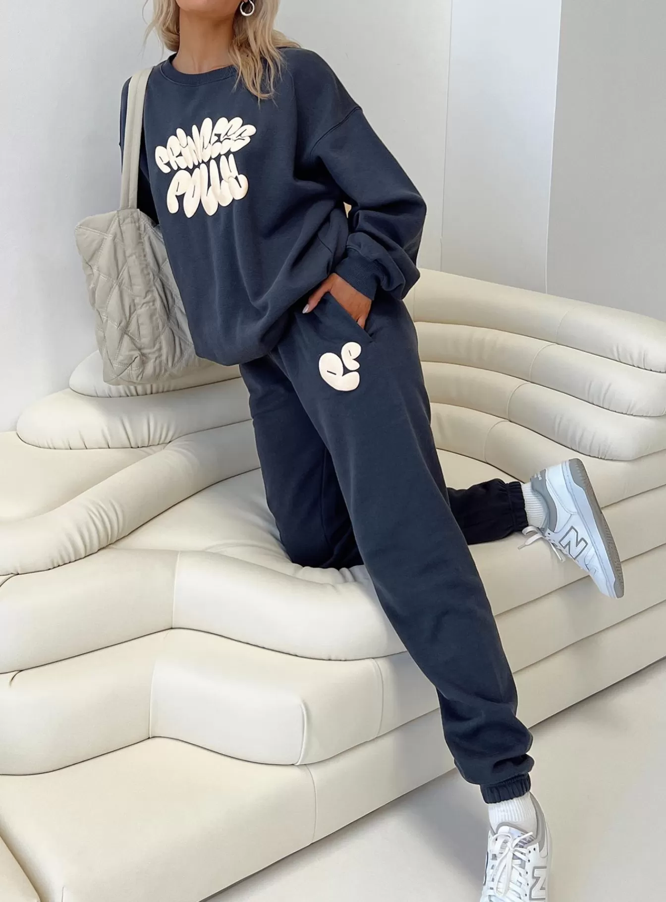 Princess Polly Pants | Track Pants Bubble Text Slate / Eggshell