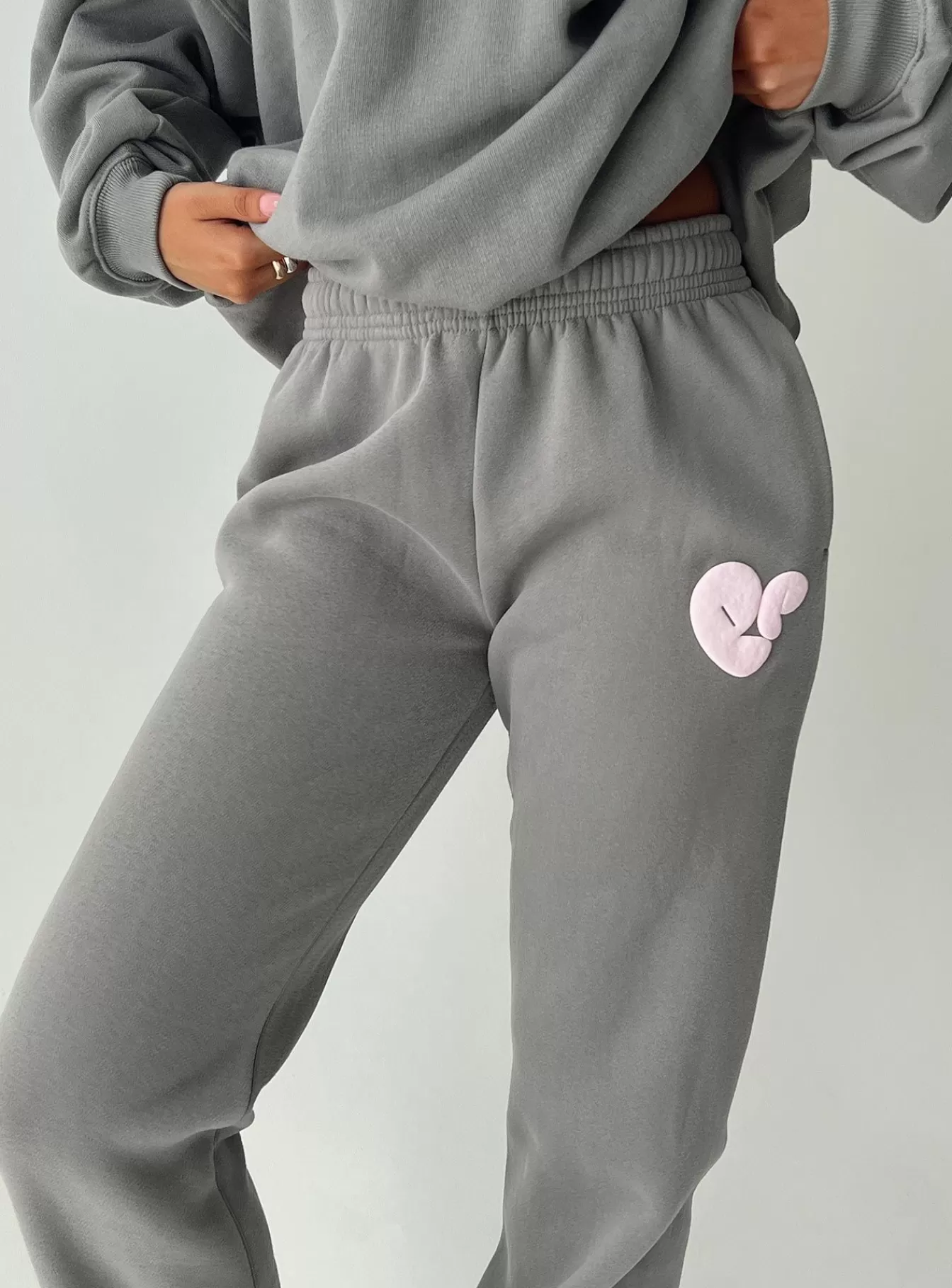 Princess Polly Pants | Track Pants Bubble Text Charcoal / Light Pink