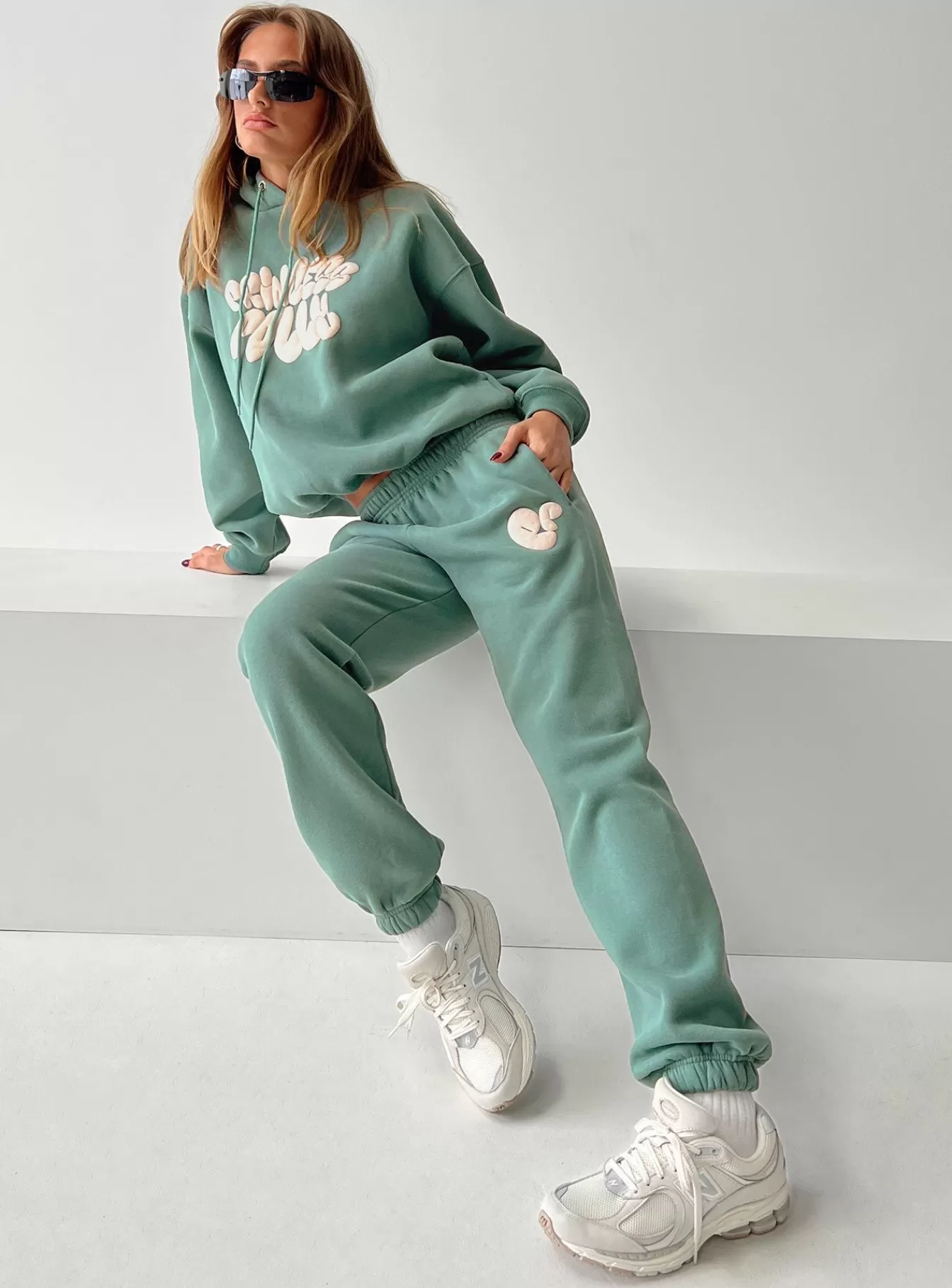 Princess Polly Pants | Track Pants Bubble Text Sage / Eggshell