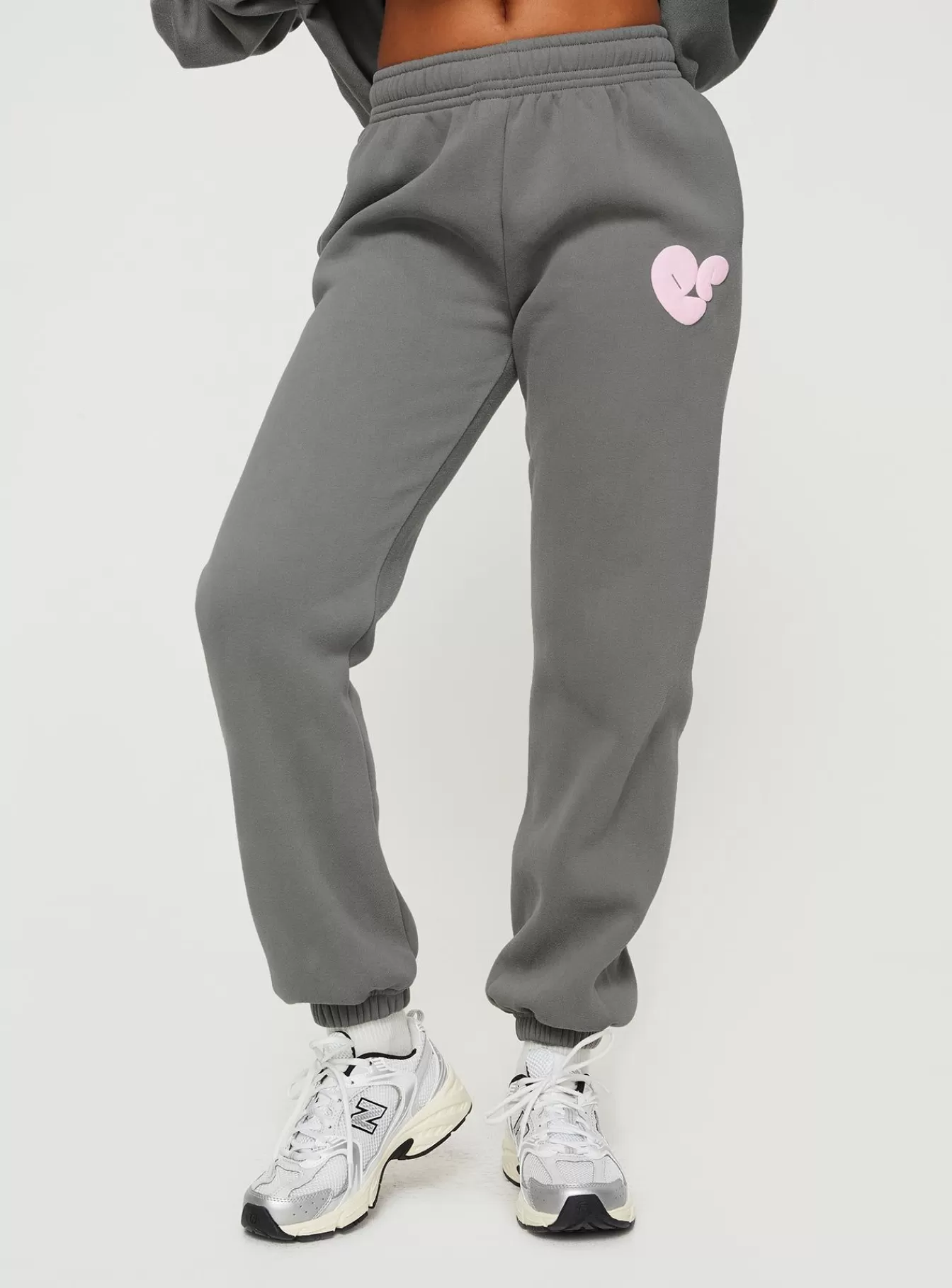 Princess Polly Pants | Track Pants Bubble Text Charcoal / Light Pink