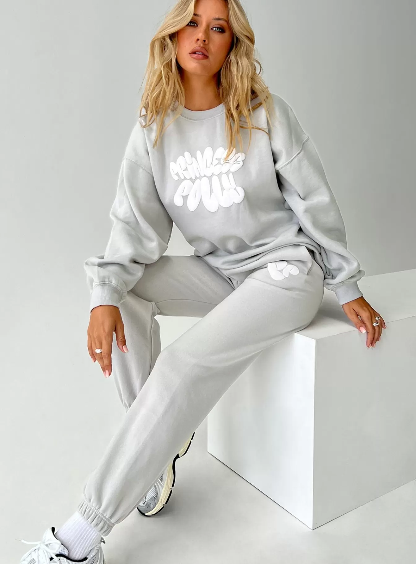 Princess Polly Pants | Track Pants Bubble Text Grey / Cloud White Grey/ Cloud White