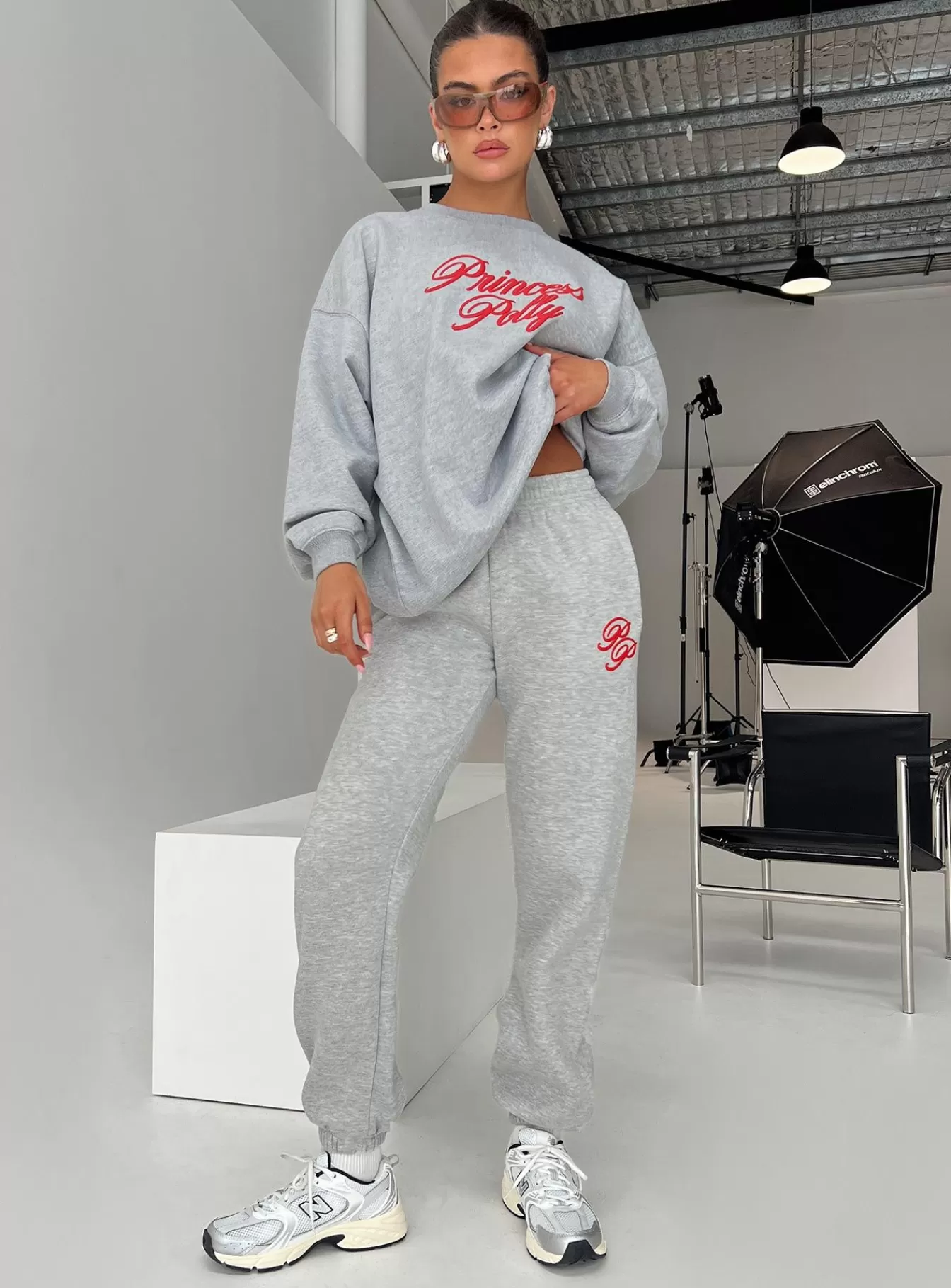 Princess Polly Pants | Track Pants Cursive Text Grey Marle/ Red