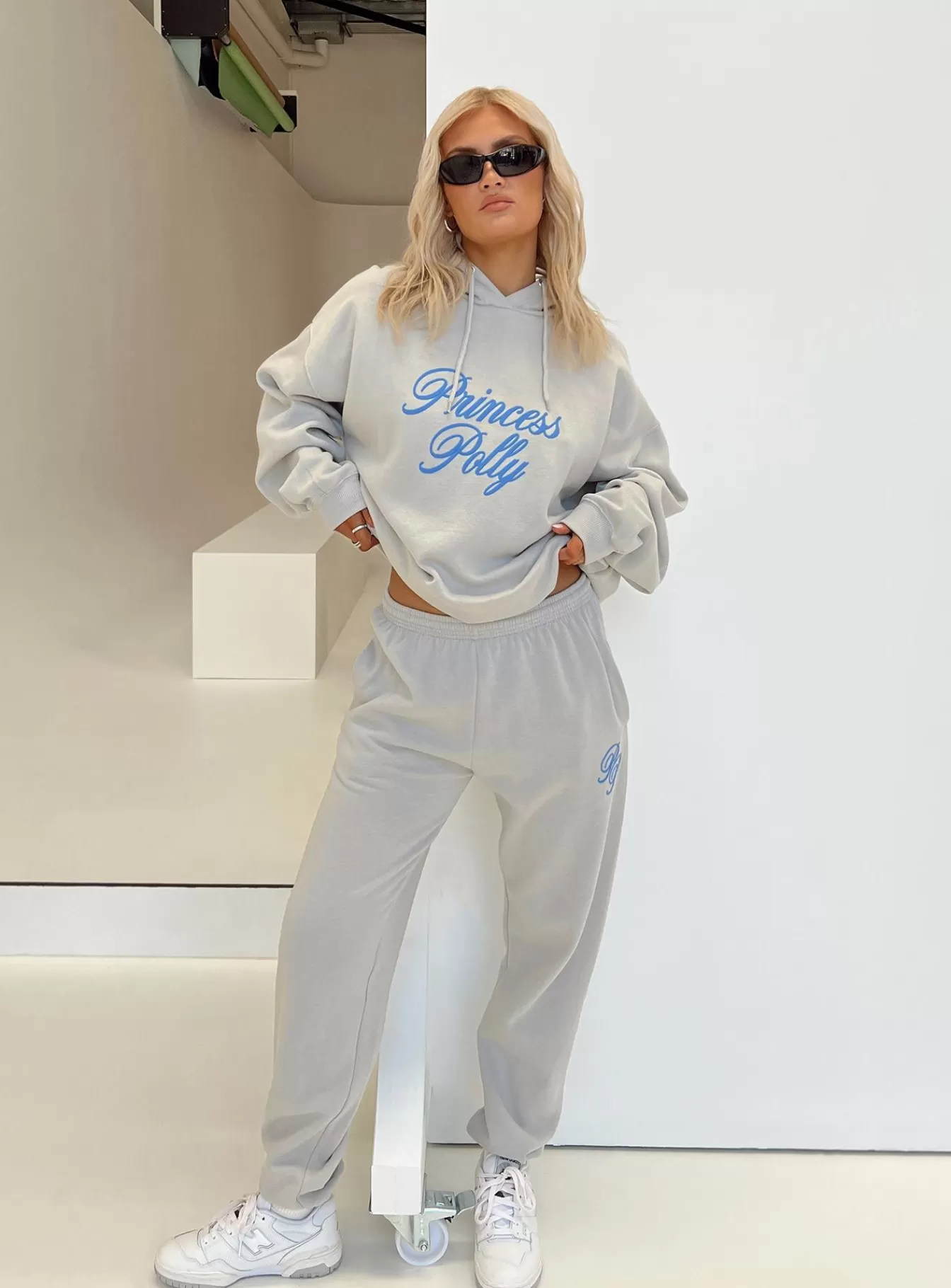 Princess Polly Pants | Track Pants Cursive Text Grey / Blue