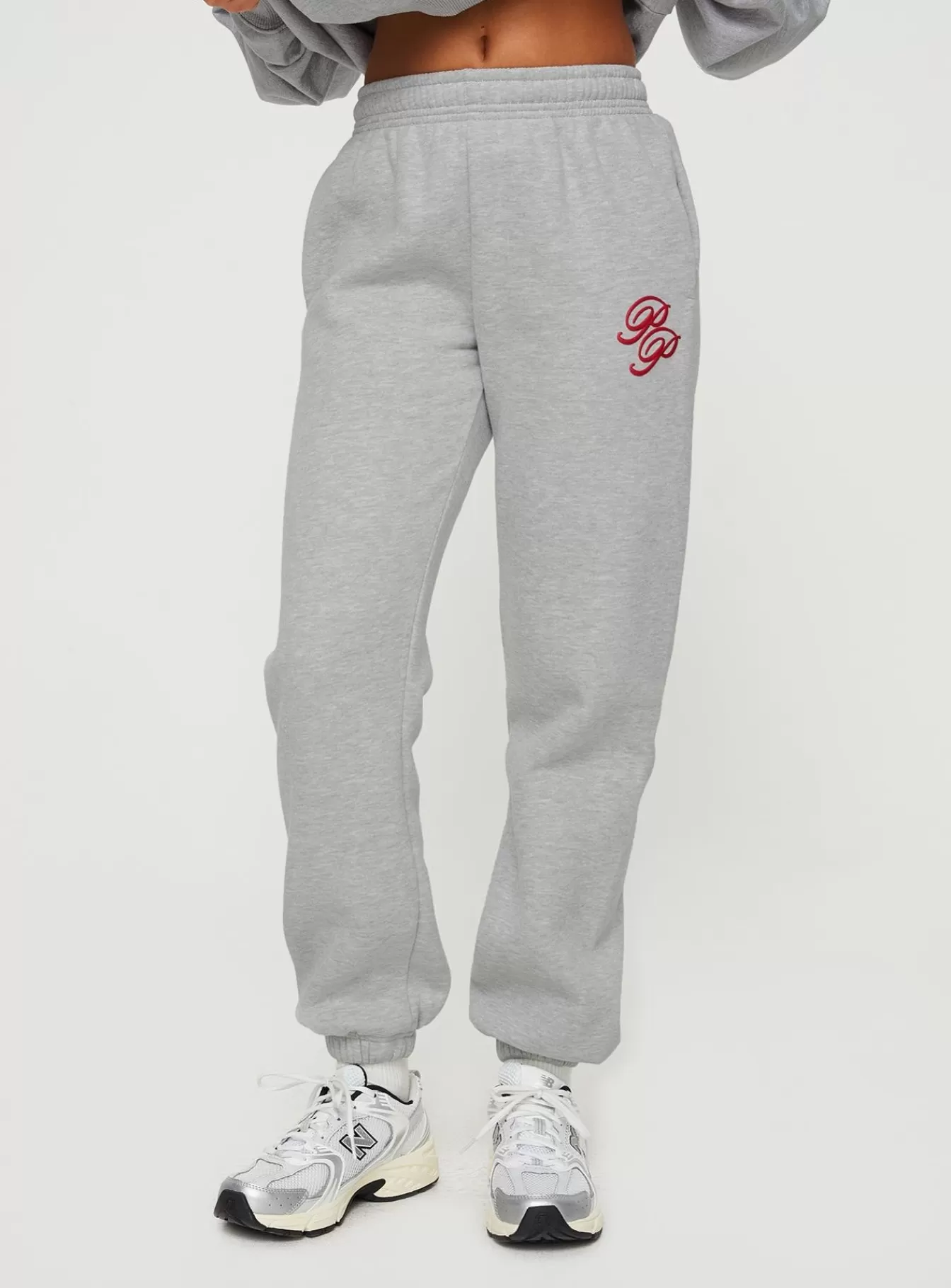 Princess Polly Pants | Track Pants Cursive Text Grey Marle/ Red