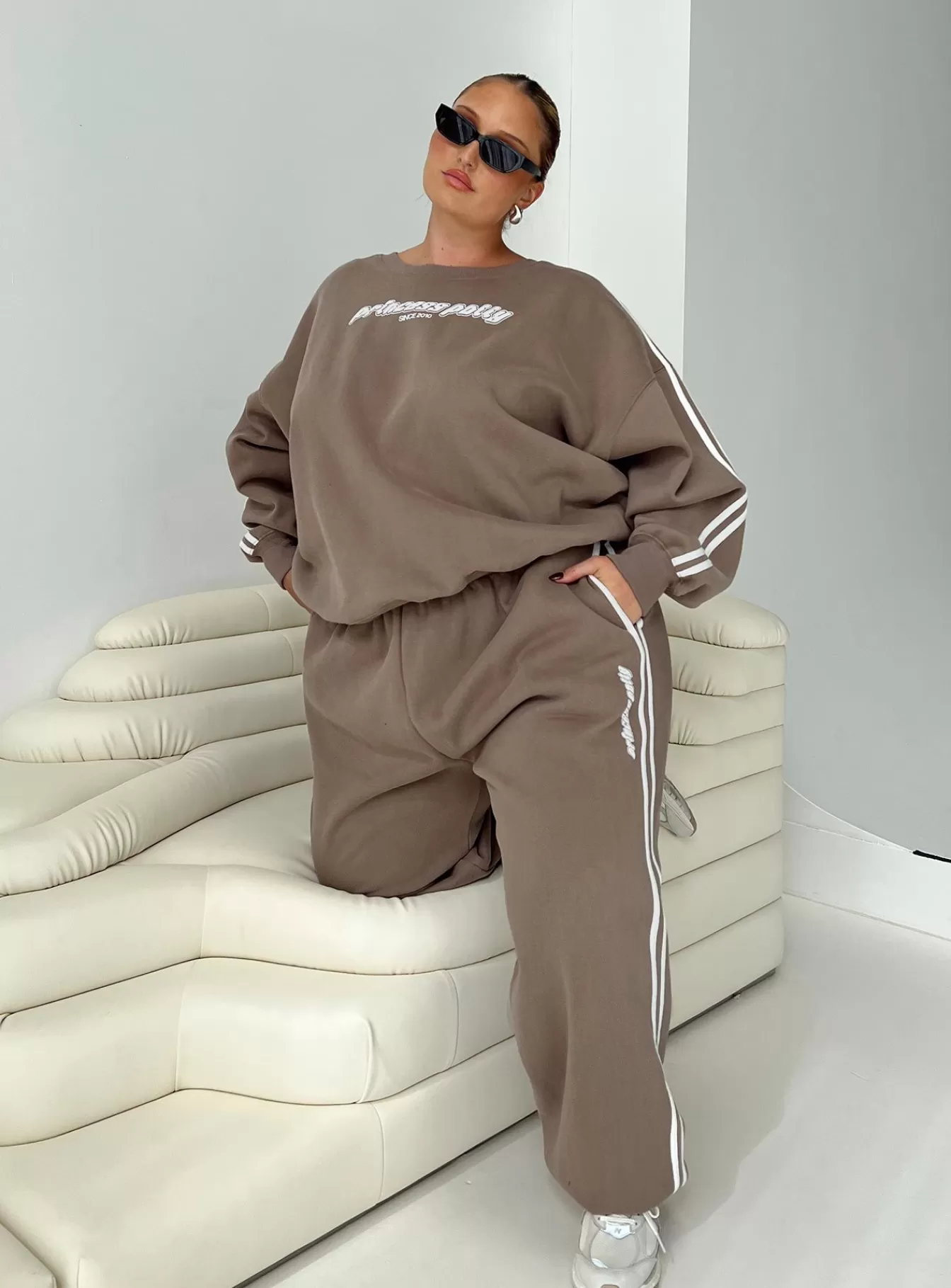 Princess Polly Pants | Track Pants Stripe Curve Taupe / White
