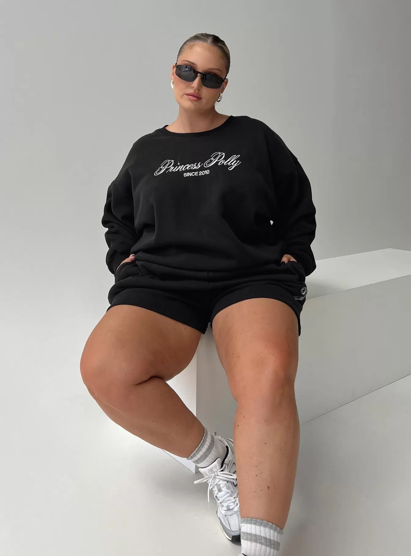 Princess Polly Shorts | Track Shorts Cursive Text Curve Black Sand