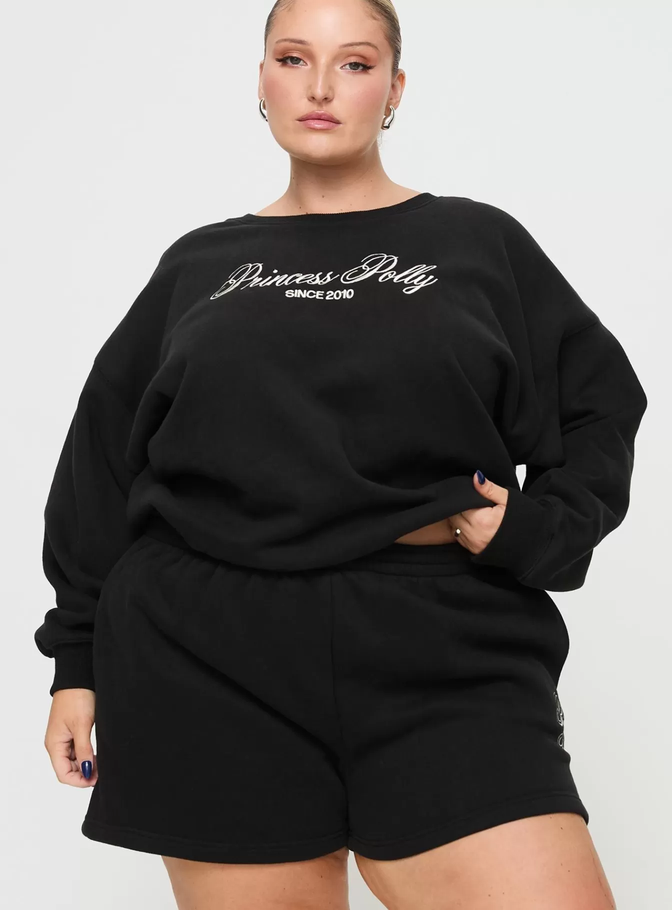 Princess Polly Shorts | Track Shorts Cursive Text Curve Black Sand