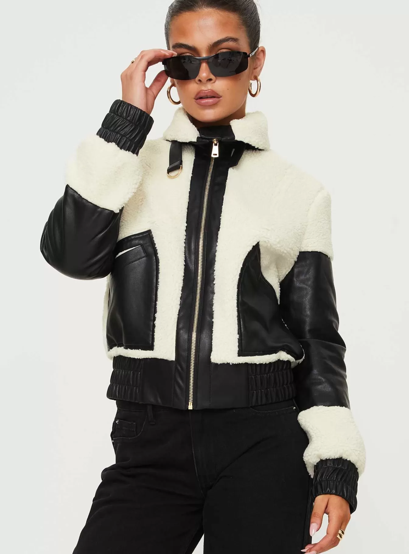 Princess Polly Leather Jackets | Rachale Faux Leather Shearling Jacket Black / Cream