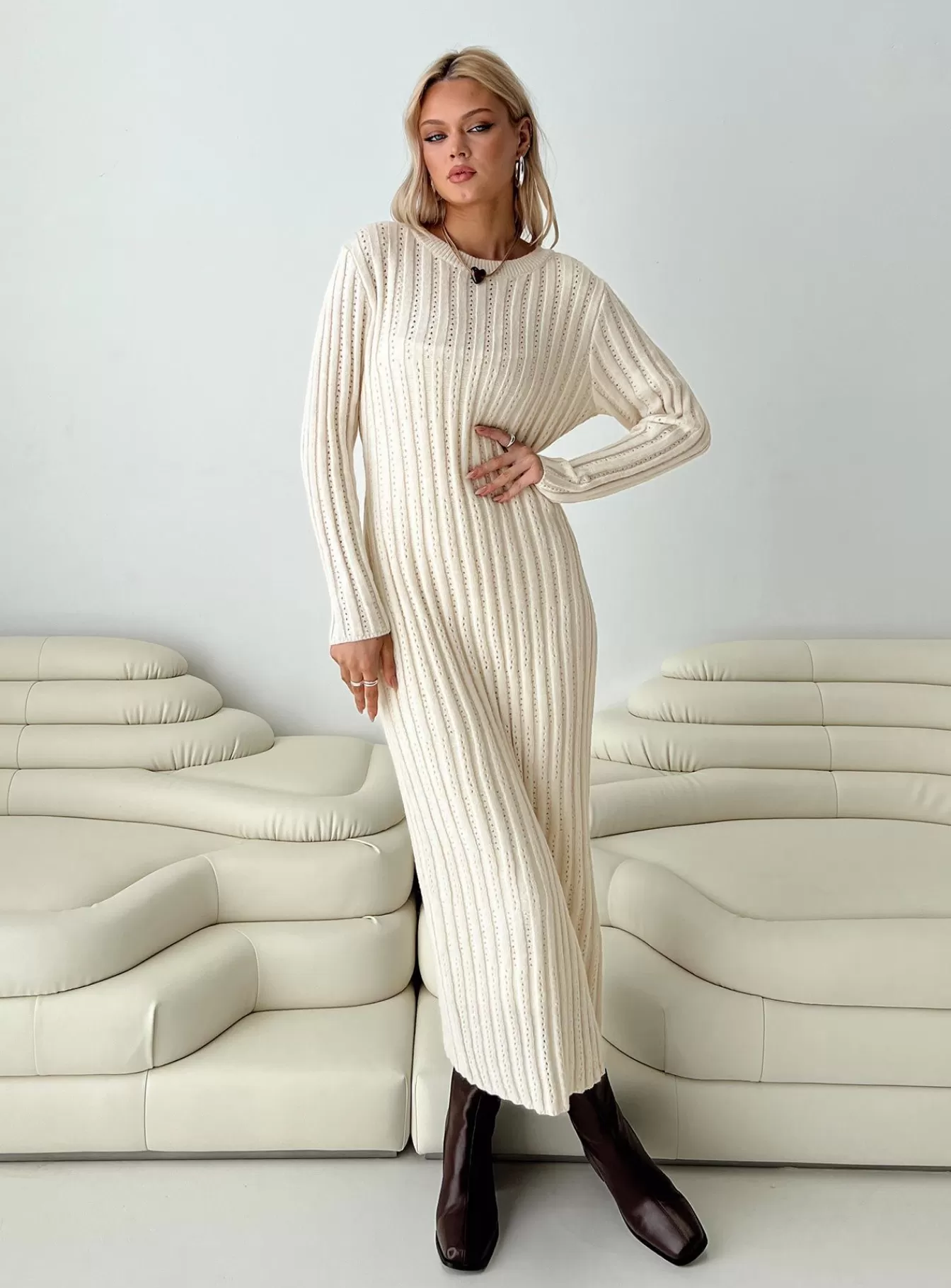 Princess Polly Maxi Dresses | Rahne Long Sleeve Knit Maxi Dress Cream