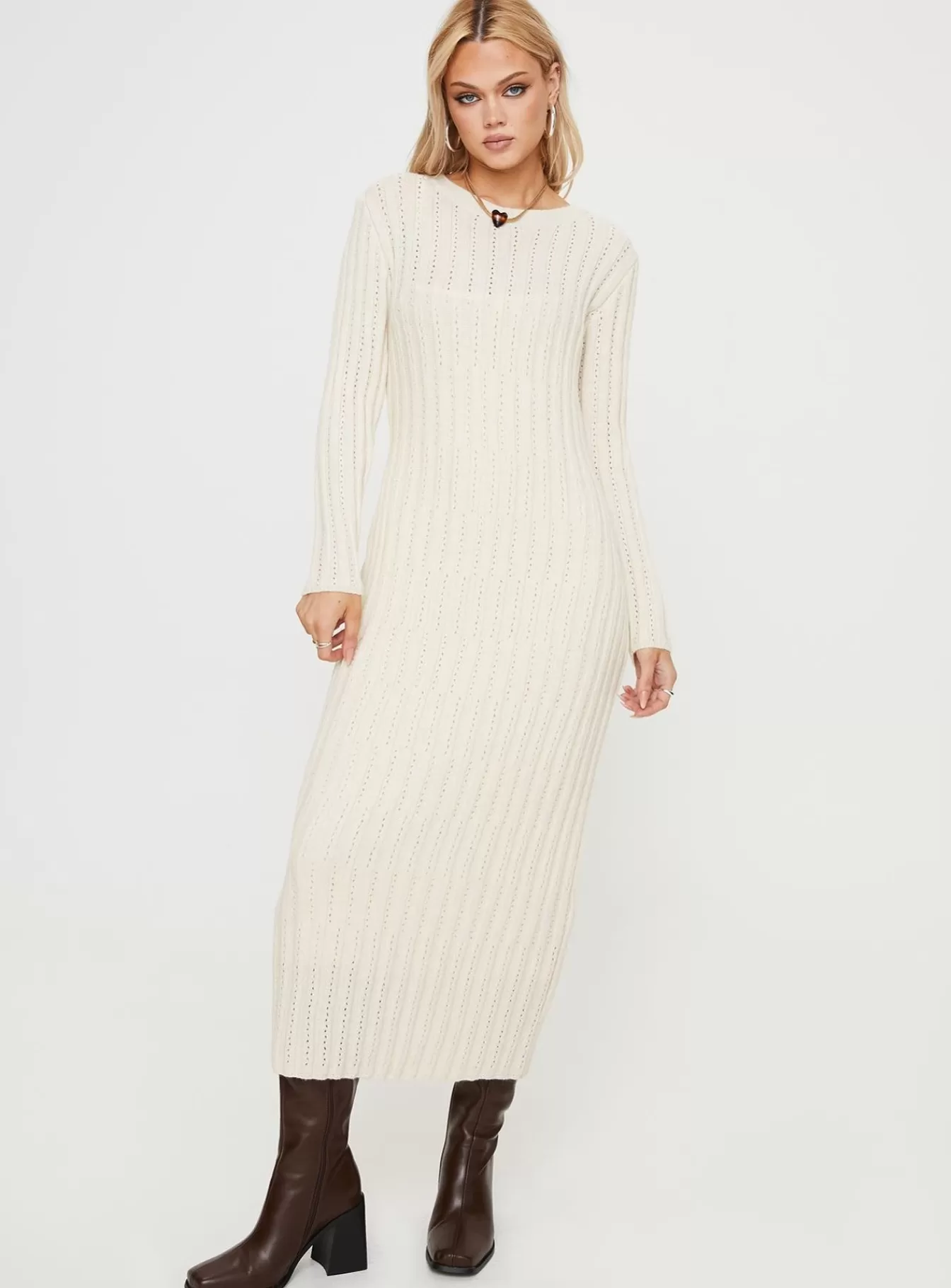 Princess Polly Maxi Dresses | Rahne Long Sleeve Knit Maxi Dress Cream