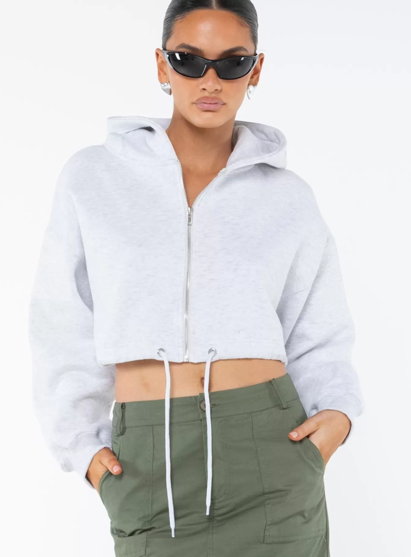 Princess Polly Sweatshirts & Hoodies | Samwell Cropped Zip Up Hoodie White Marle