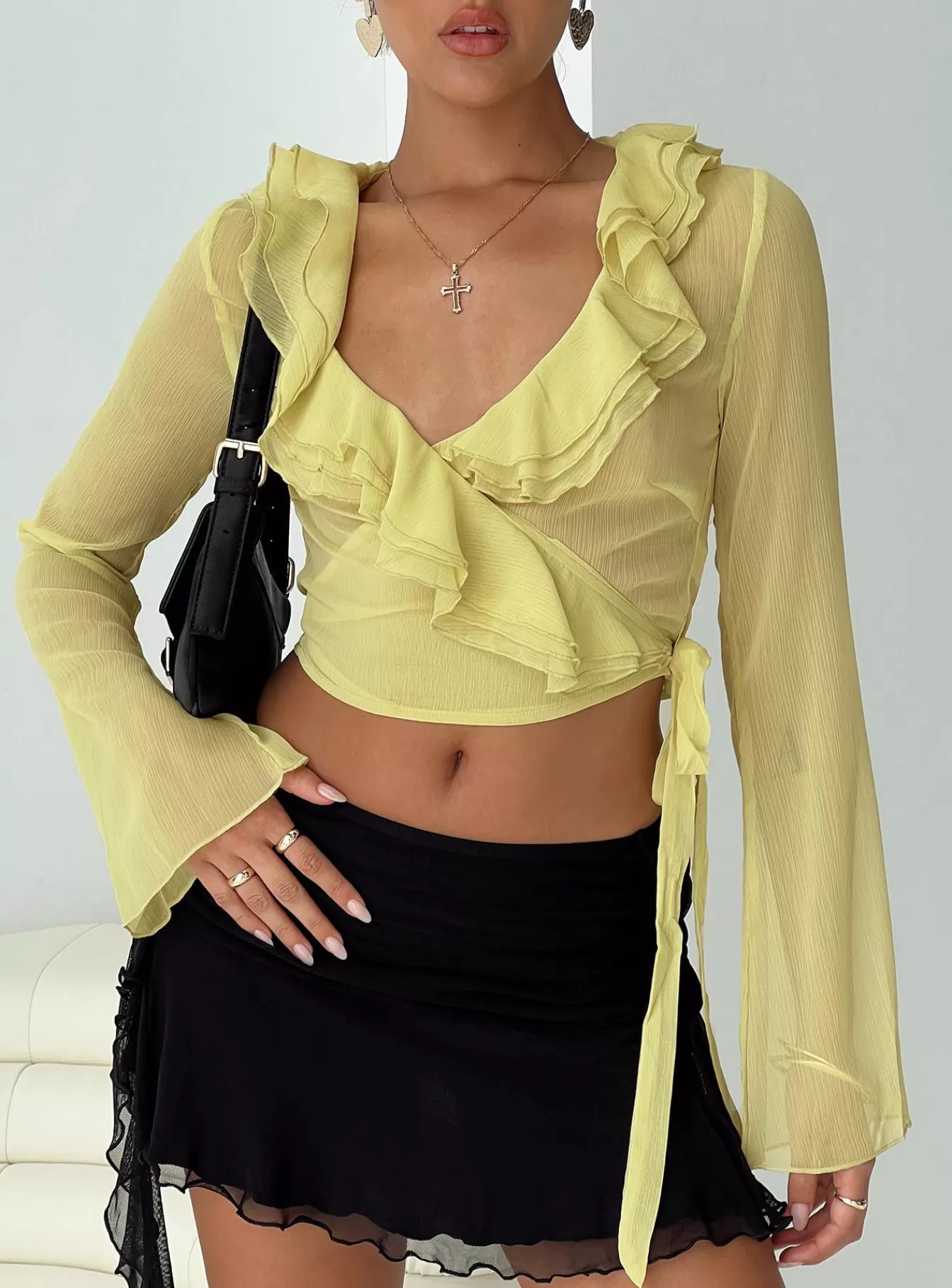 Princess Polly Long Sleeve Tops | She'S Mine Frill Wrap Top Yellow