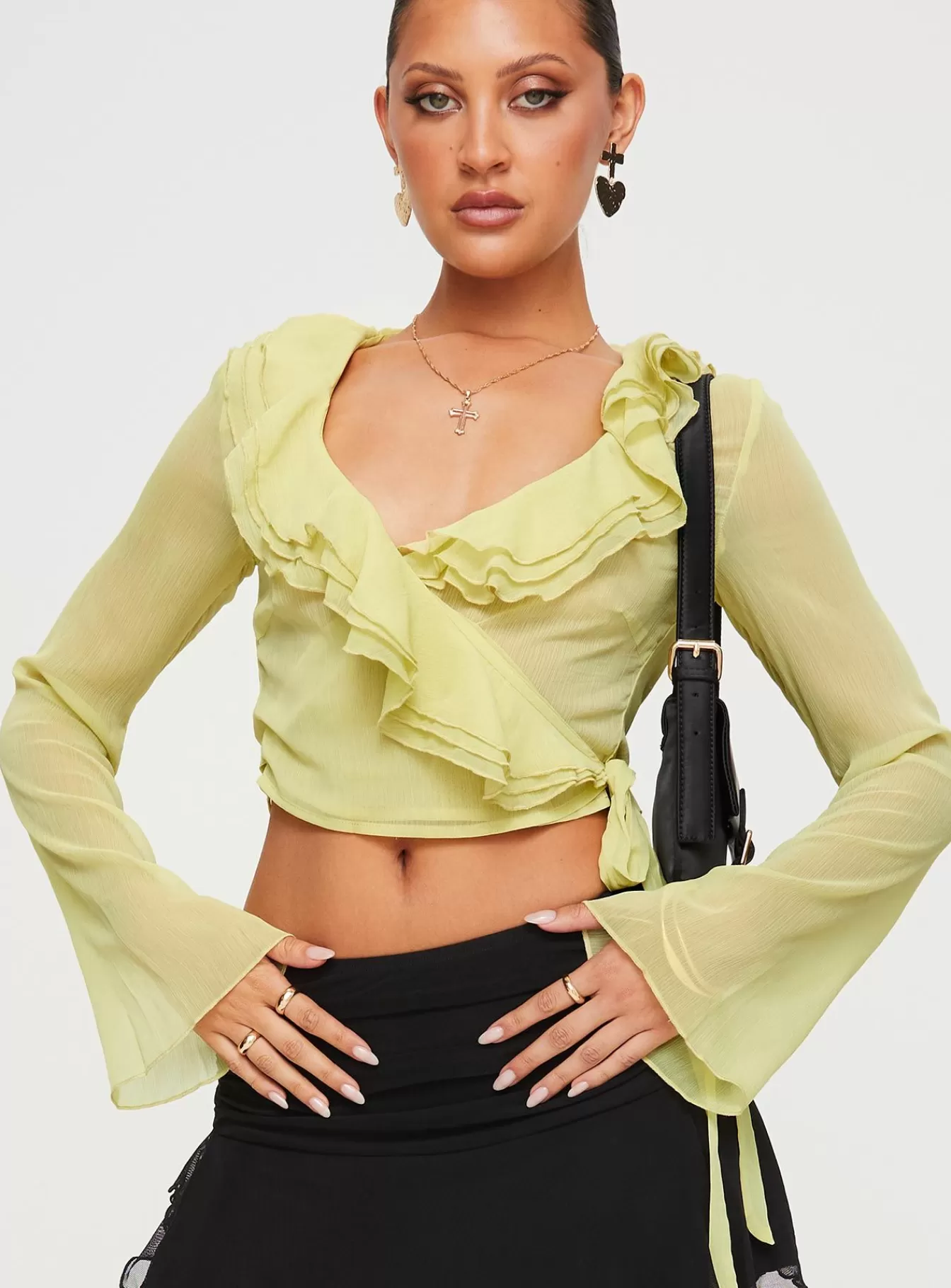 Princess Polly Long Sleeve Tops | She'S Mine Frill Wrap Top Yellow