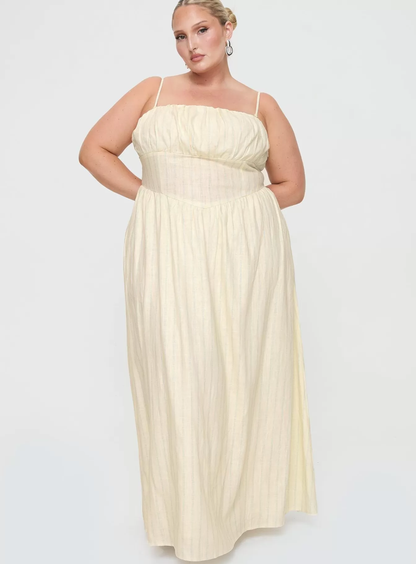 Princess Polly Maxi Dresses | Slow Dance Linen Blend Maxi Dress Curve Cream / Blue