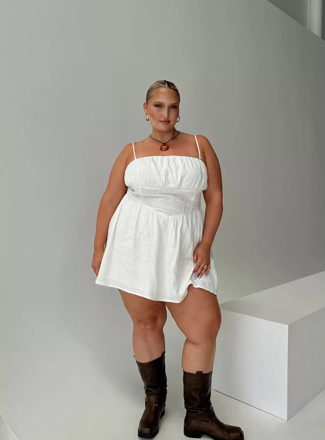Princess Polly Mini Dresses | Slow Dance Linen Blend Mini Dress Curve White