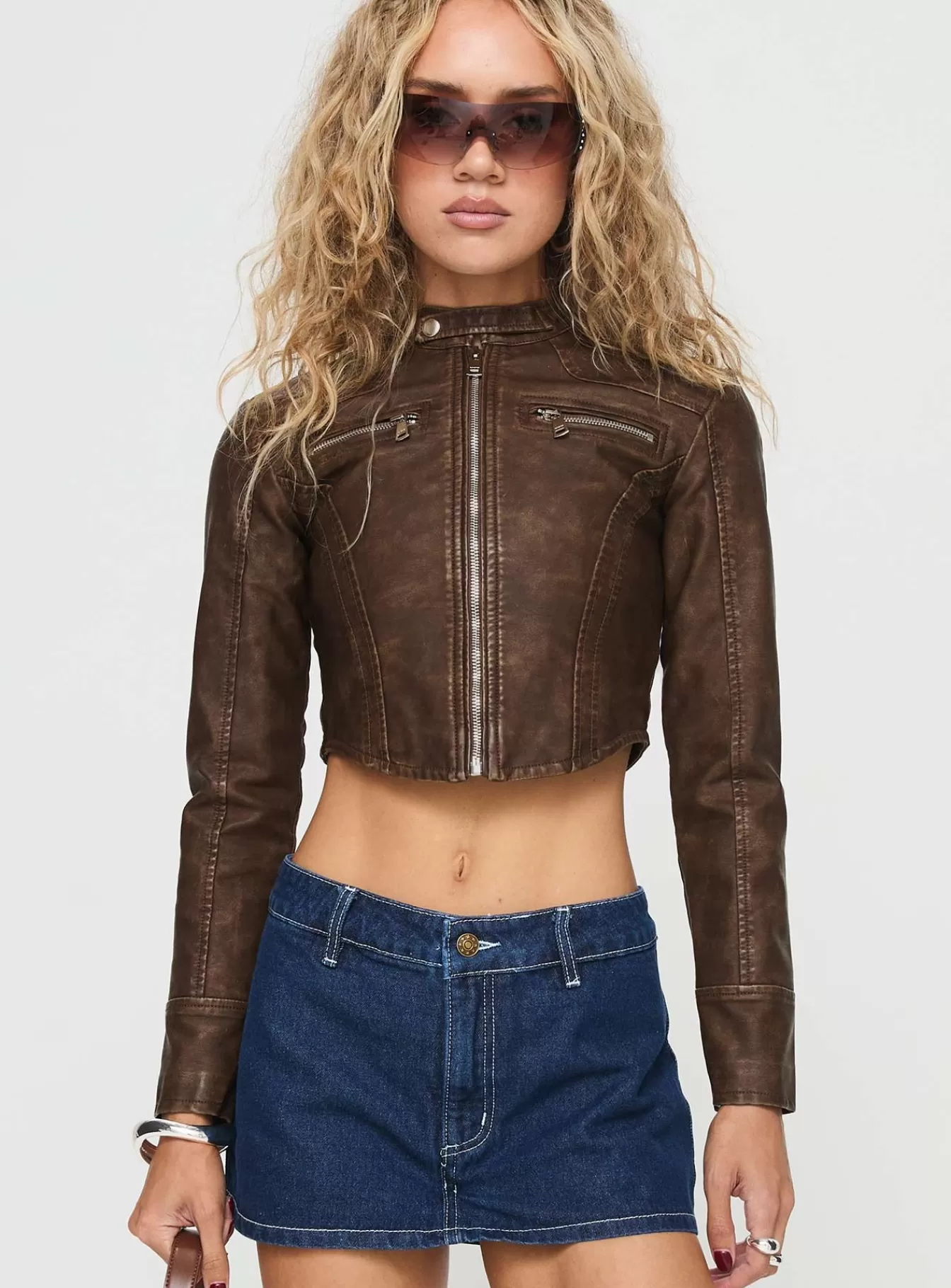 Princess Polly Leather Jackets | Soothing Faux Leather Biker Jacket Washed Brown