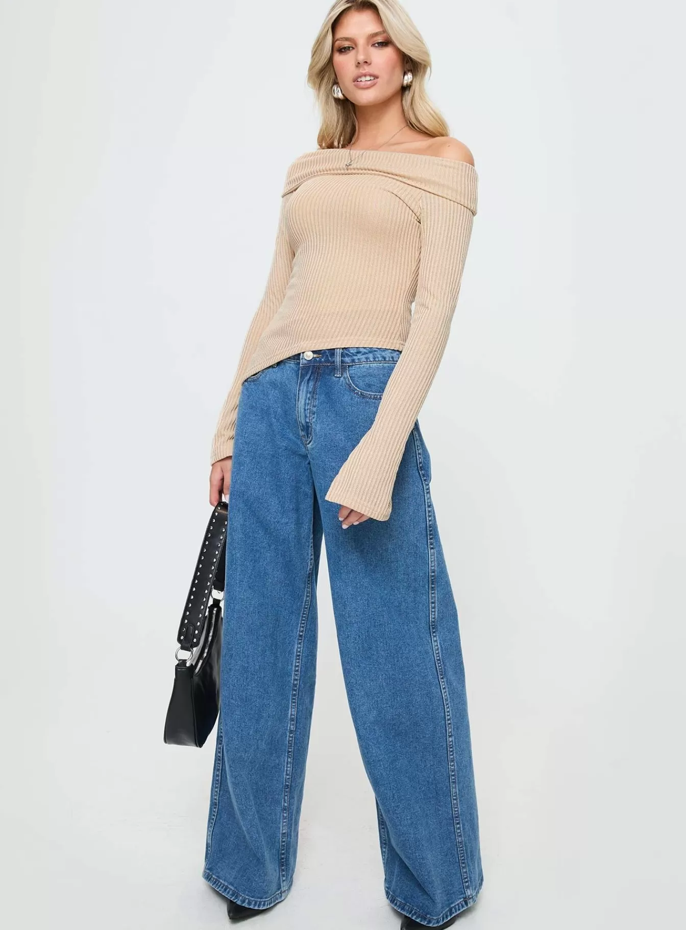 Princess Polly Long Sleeve Tops | Streep Off The Shoulder Top Beige