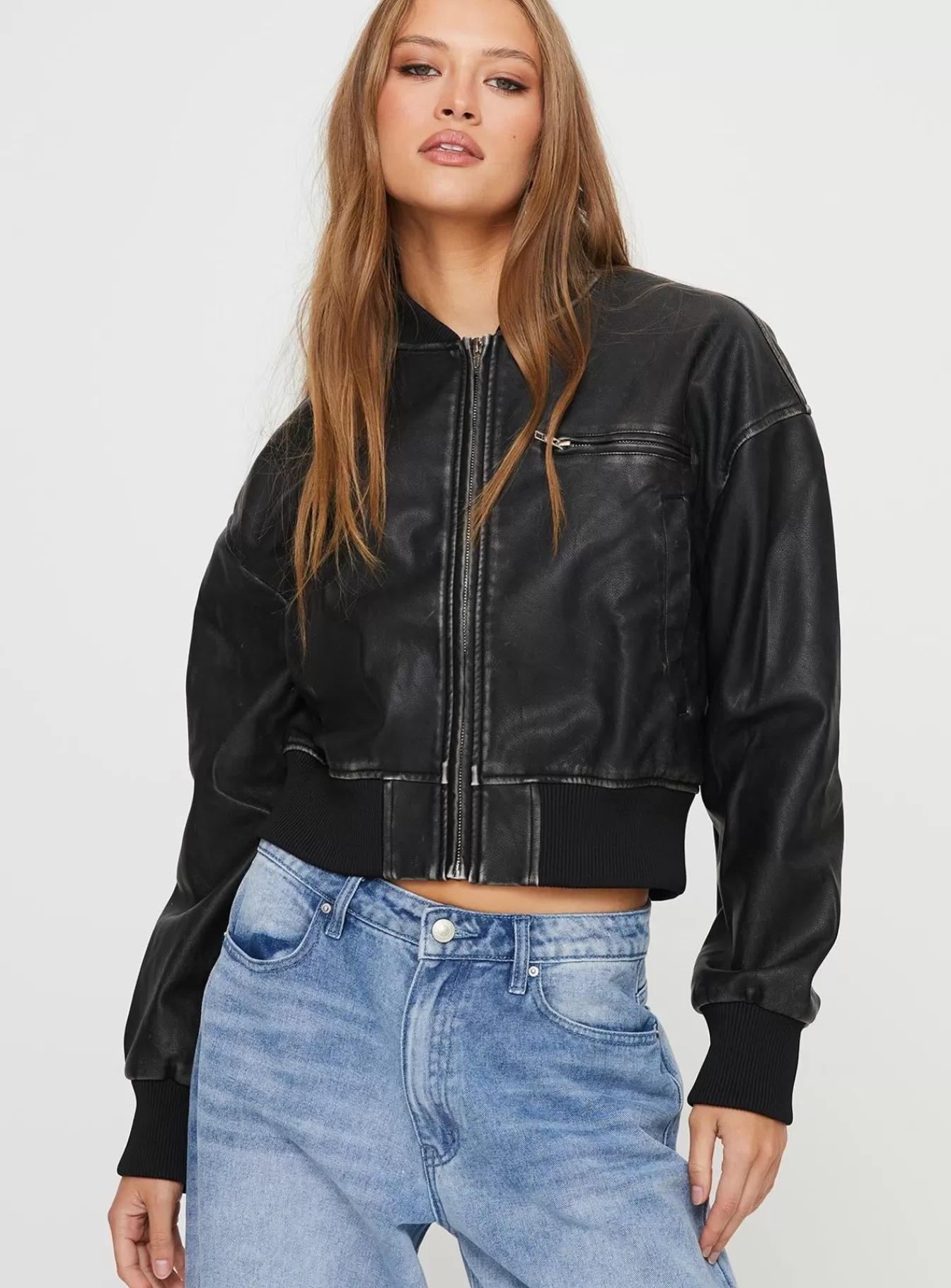 Princess Polly Leather Jackets | Sweet Disaster Faux Leather Cropped Bomber Jacket Black