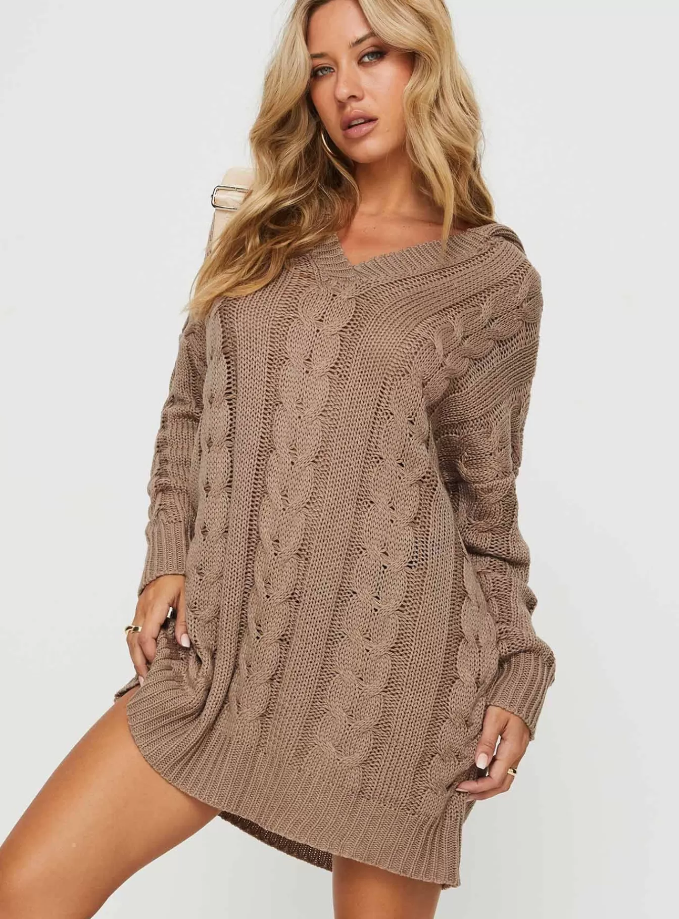 Princess Polly Mini Dresses | Verno Cable Knit Sweater Dress Oatmeal
