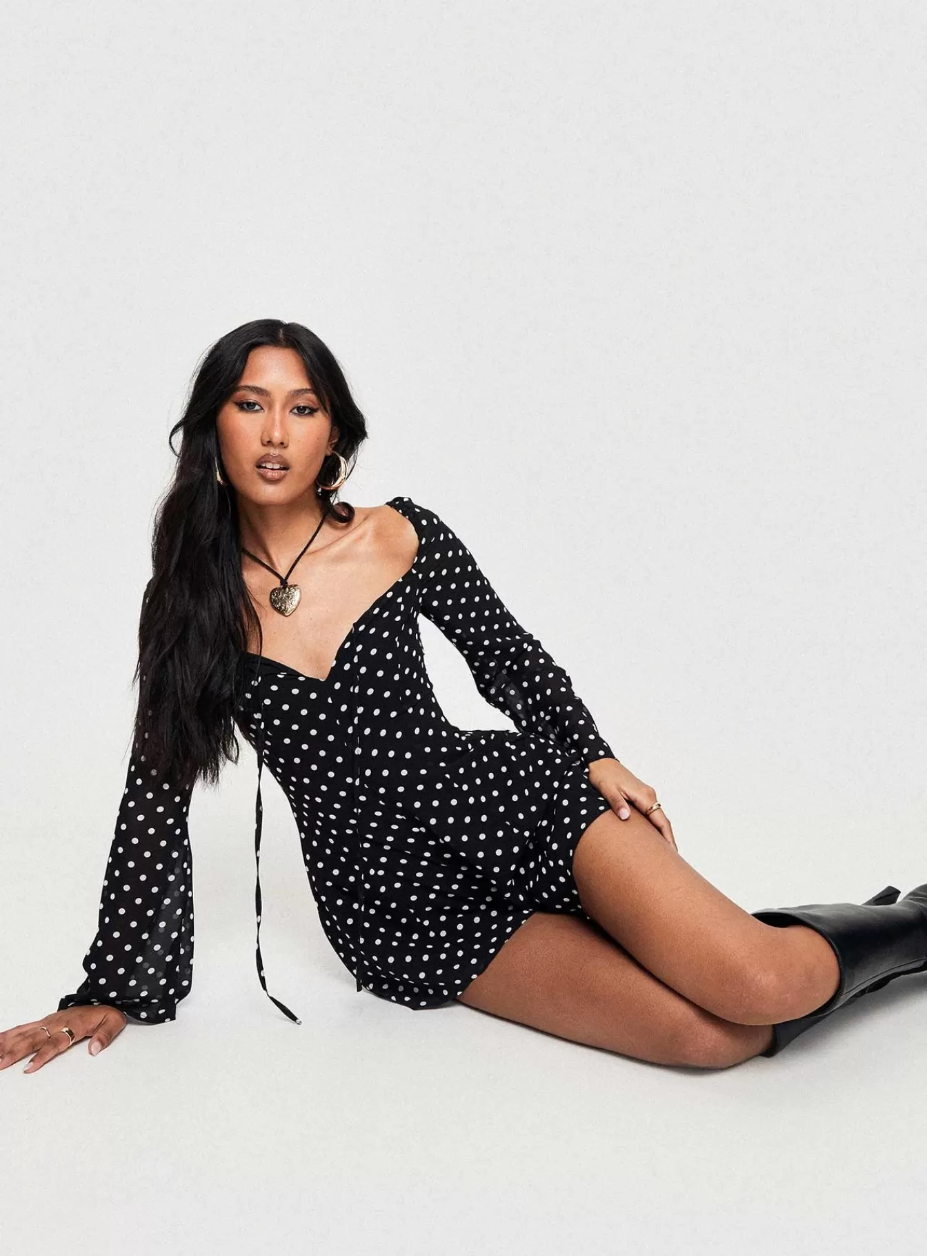 Princess Polly Rompers | Wandra Polka Dot Long Sleeve Romper Black / White Black / White Polka Dot