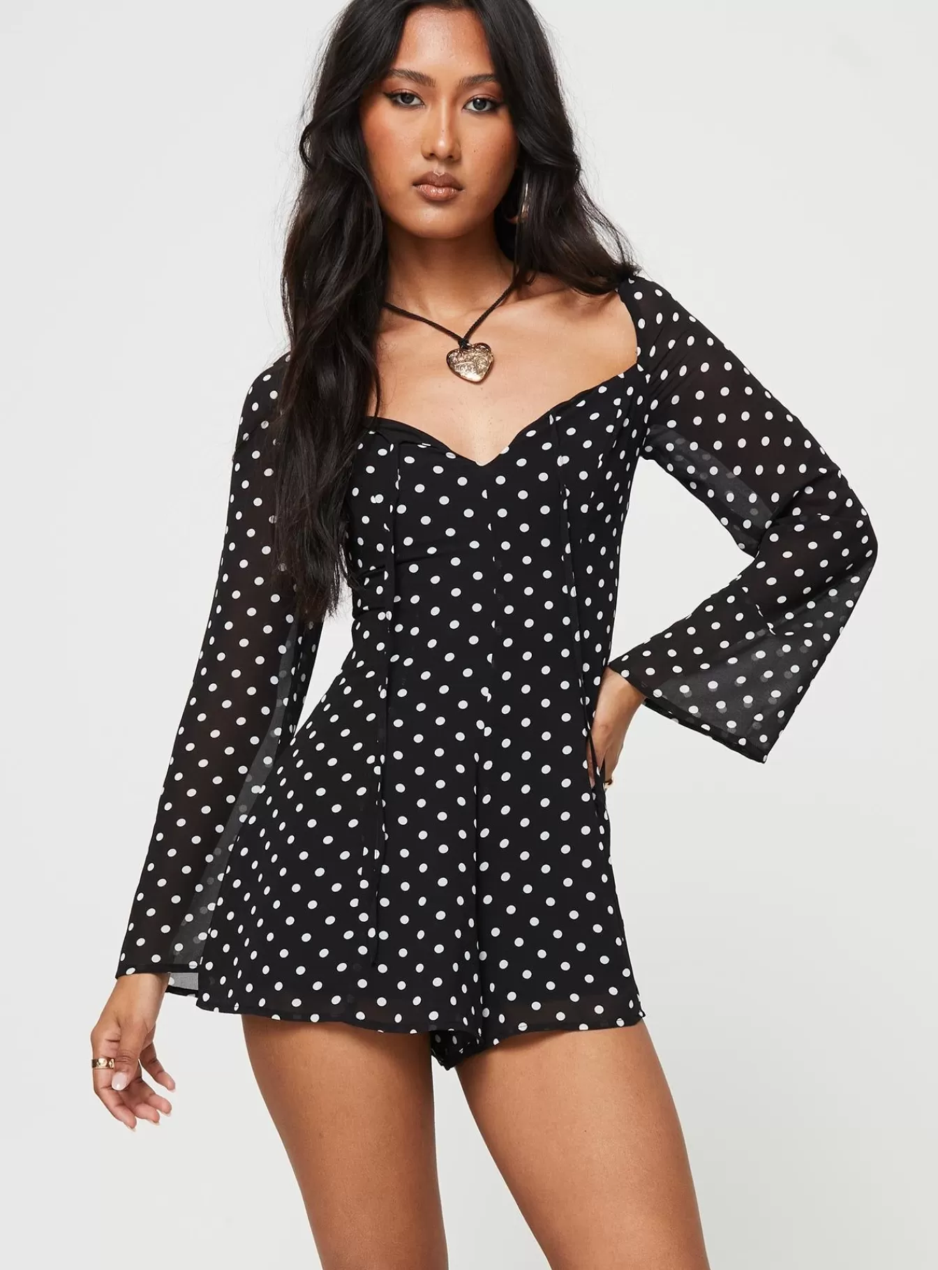 Princess Polly Rompers | Wandra Polka Dot Long Sleeve Romper Black / White Black / White Polka Dot