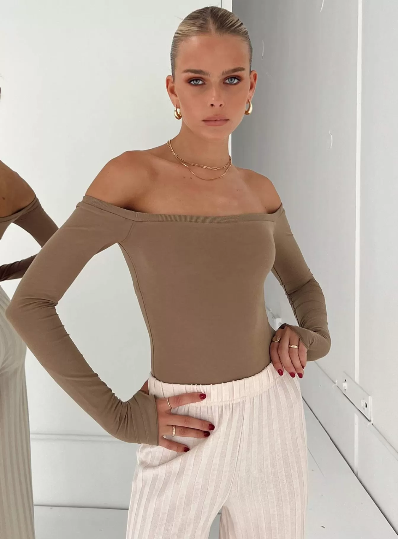 Princess Polly Long Sleeve Tops | Weaver Off Shoulder Bodysuit Stone