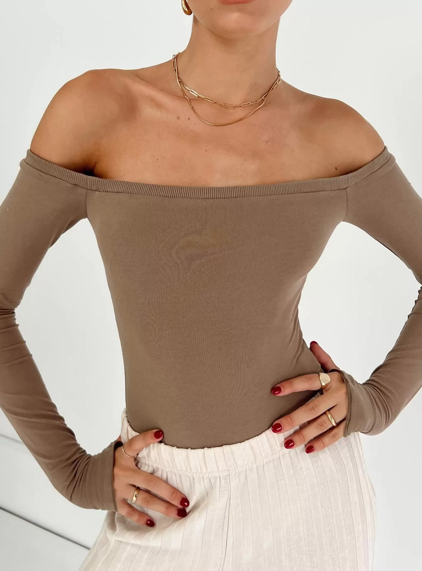 Princess Polly Long Sleeve Tops | Weaver Off Shoulder Bodysuit Stone
