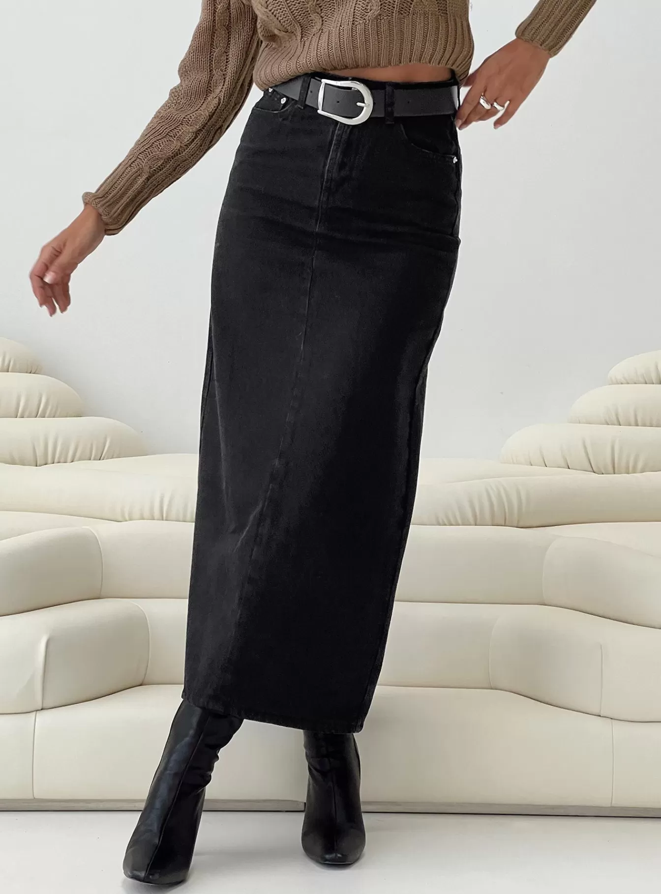 Princess Polly Skirts | Whessler Split Back Denim Midi Skirt Black