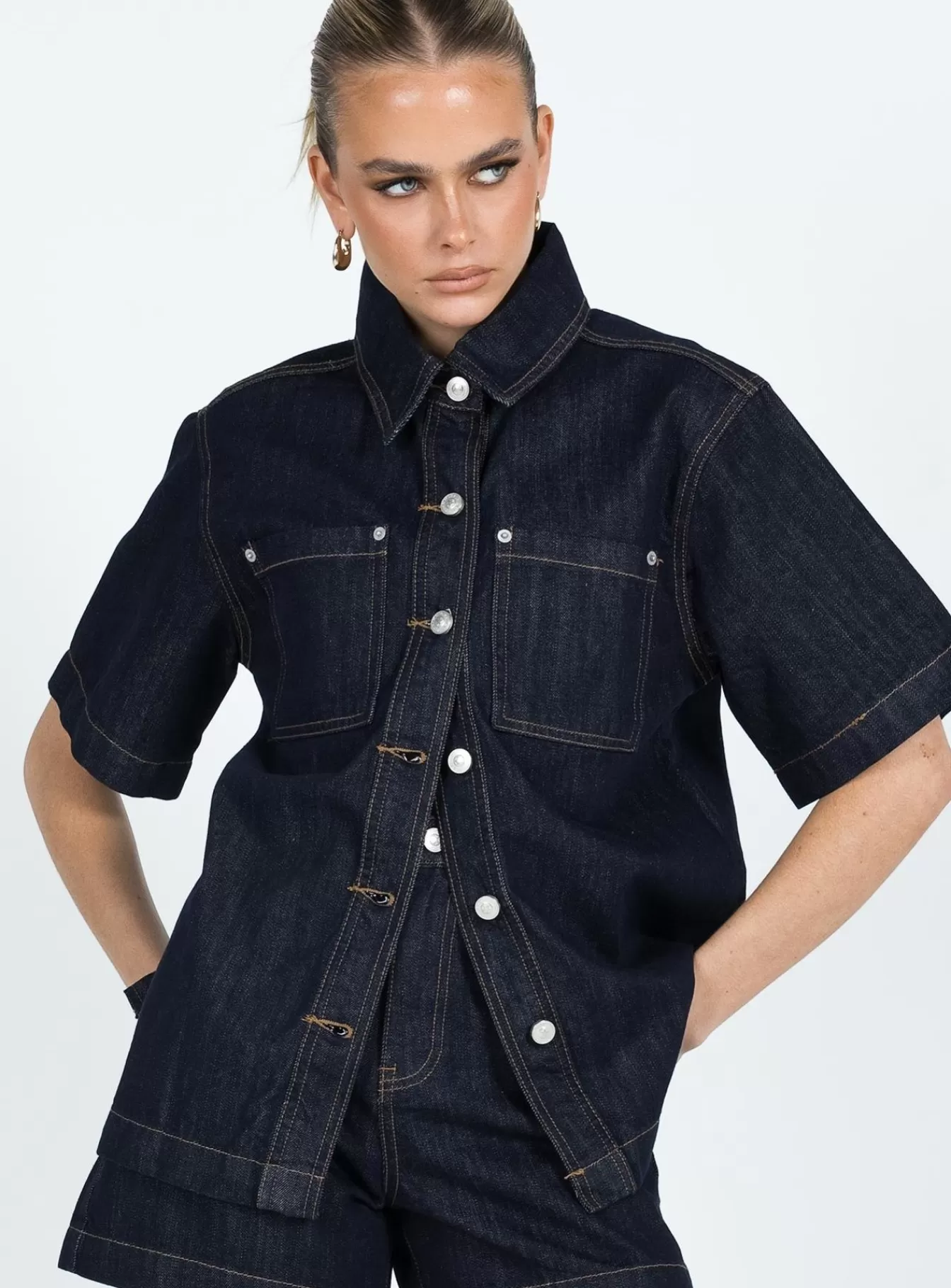 Princess Polly Shirts & Blouses | Whitaker Short Sleeve Shacket Dark Denim