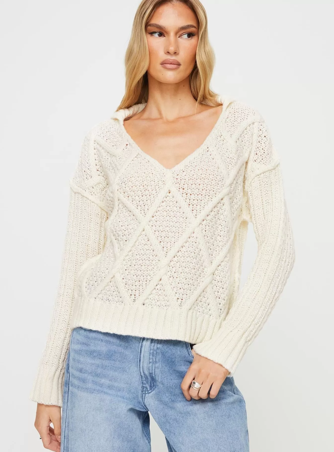 Princess Polly Knitted Sweaters | Zosia Diamond Cable Knit Sweater Cream
